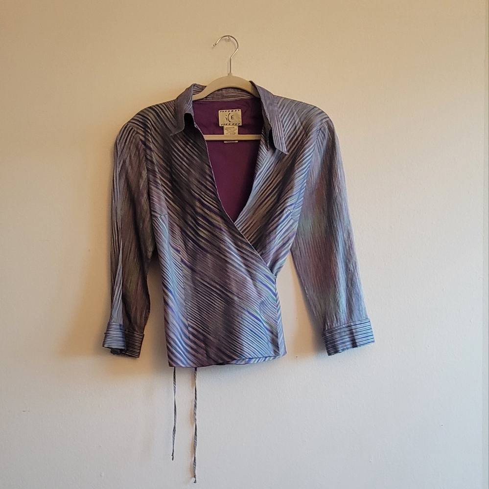 iridescent cool tones, 100% silk wrap long sleeve collared top